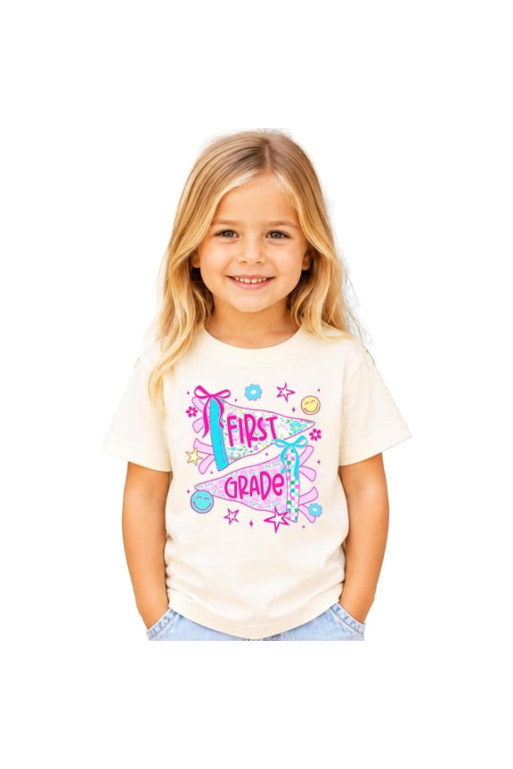 First Grade Shirt for Girls Trendy Floral Pennant Flag Back to School 1st Grade Girl Tee Natural Shirt Youth Large