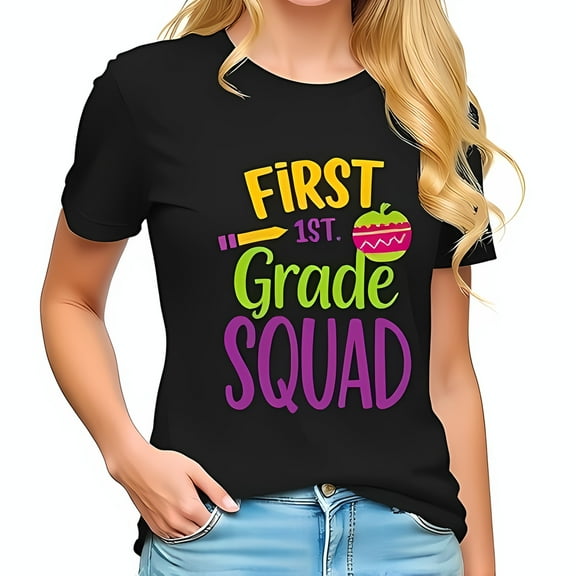 First Grade Squad T-Shirt for Teachers & Parents - Fun Crayon & Design Black Tee