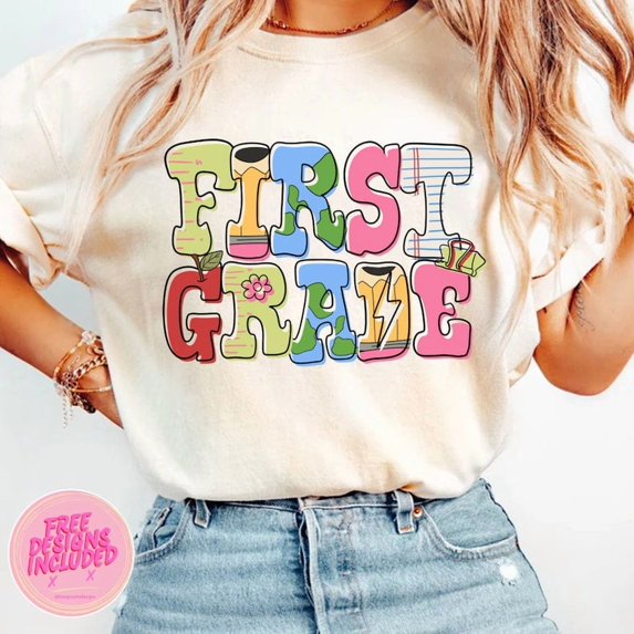 First Grade Teacher T-Shirt, Retro Back to School Doodle Tee, Cute Classroom Teacher Life Shirt, Gift for Educators