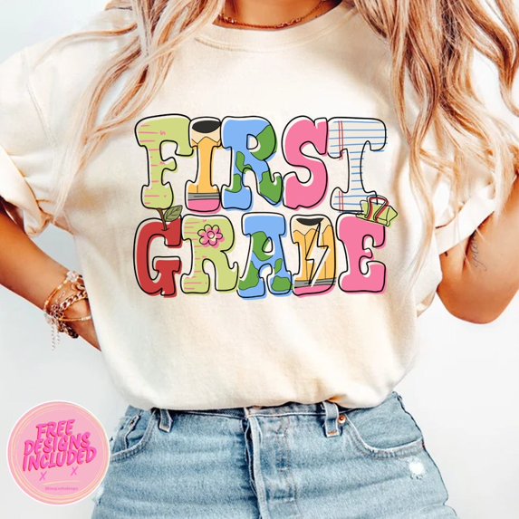 First Grade Teacher T-Shirt, Retro Back to School Doodle Tee, Cute Classroom Teacher Life Shirt, Gift for Educators