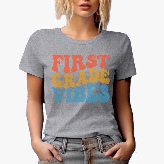 First Grade Vibes, Elementary School Teacher, Groovy Retro Wavy Text Merch Gift, Heather Grey T-Shirt, Large