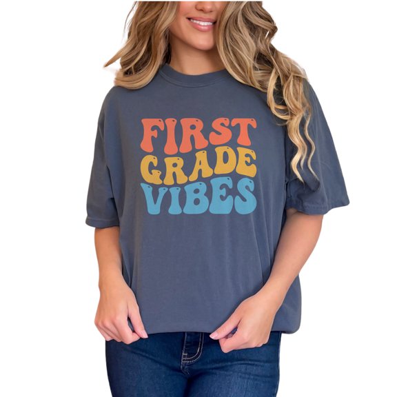 First Grade Vibes, Elementary School Teacher or Teaching Themed, Groovy Retro Wavy Text, Denim Comfort Colors T-Shirt, Small