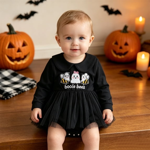 First Halloween Baby Girl Outfit Long Sleeve Ghost Romper Dress Newborn Fall Outfit Girl