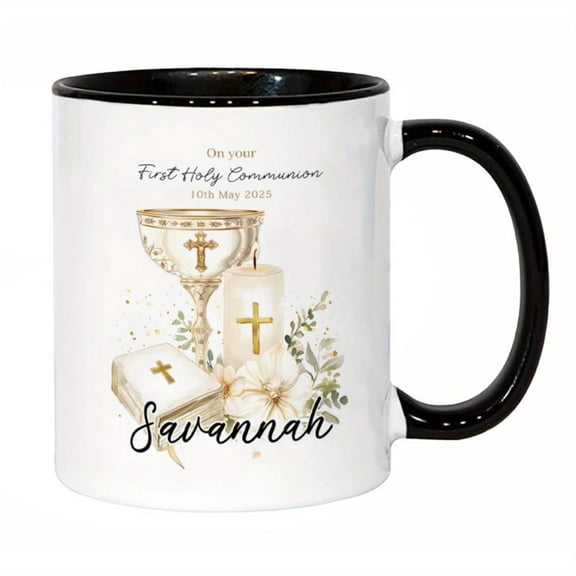 First Holy Ceramic Mug 11oz 325ml Religious Keepsake Son Daughter Hand Wash Only Reusable Coffee Cup with Cross Floral Design Catholic Keepsake Christmas Baptism First