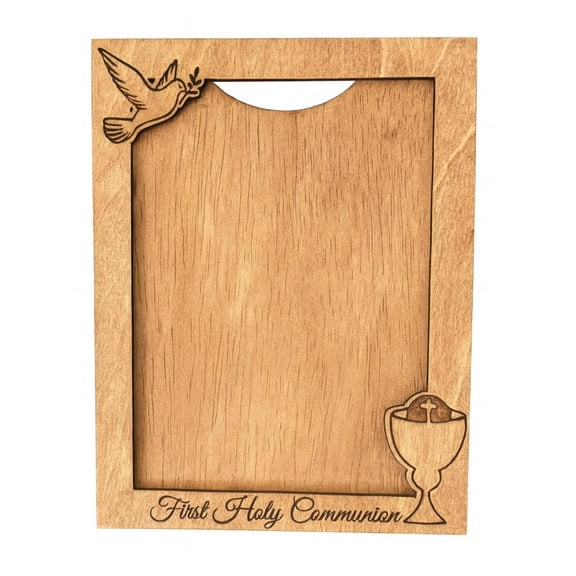 First Holy Communion 5x7 Wooden Picture Frame with Wall Mount, Stand, Acrylic Plate and QR Code Prayer  Rustic Religious Dcor