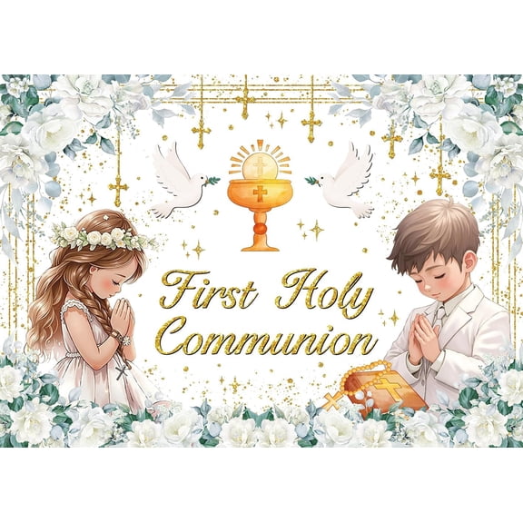 First Holy Communion Backdrop for Girls Boys Greenery Floral Gold Dots God Bless Baptism Background Siblings Nuestra Primera Comunion Party Decorations Banner Supplies Photo Booth Props