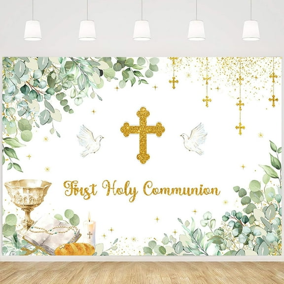 First Holy Communion Backdrop Green Eucalyptus Leaves God Bless Baptism Photography Background Golden Cross Baptism Christening Party Decorations Newborn Shower Birthday Party Banner 7x5FT