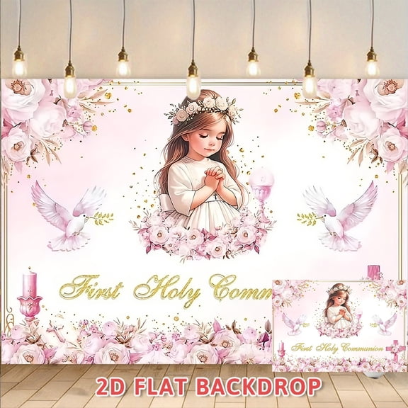 First Holy Communion Backdrop Pink Floral Dove Design Perfect for First Communion Ceremony Party Decorations Photo Booth Background Supplies