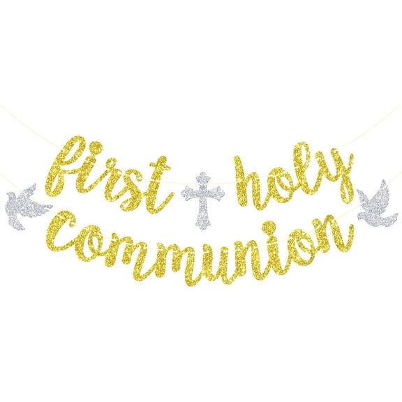 First Holy Communion Banner, God Bless Decorations, My Baptism, Christening, Baby Shower 1st Birthday Party Decorations Gold Glitter