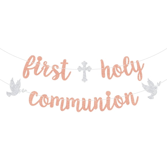 First Holy Communion Banner, God Bless, Mi Primera Comunion, Glittery Religious Baptism/Cofirmation/Wedding/Baby Shower/1st Birthday Party Decorations, Rose Gold & Silver