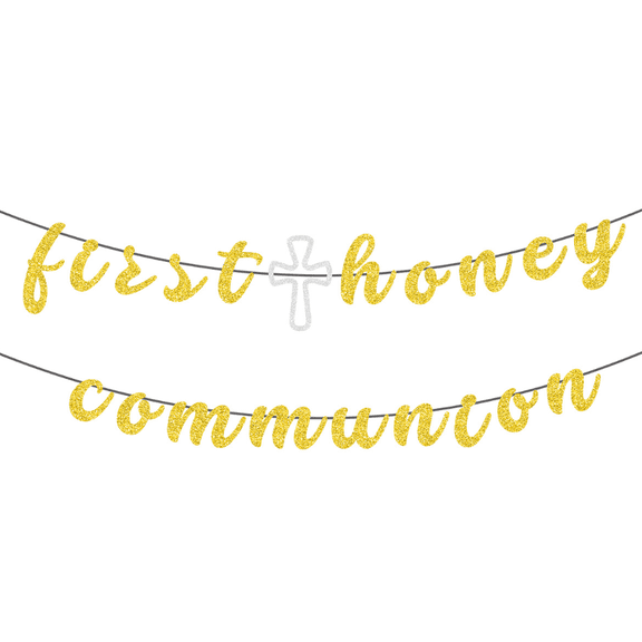 First Holy Communion Banner, Gold Glitter Letters with Silver Cross, Party Decoration