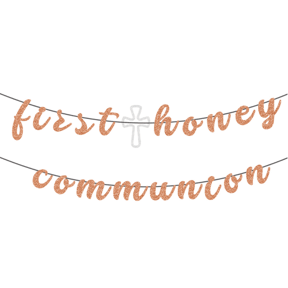 First Holy Communion Banner, Rose Gold Glitter Letters with Silver Cross, Party Decoration