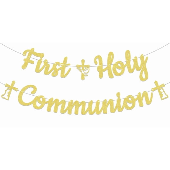 First Holy Communion Banner - Spanish Baptism, First Communion Decoration, Wedding Christening Baby Shower 1st Birthday Party Decorations Gold Glitter