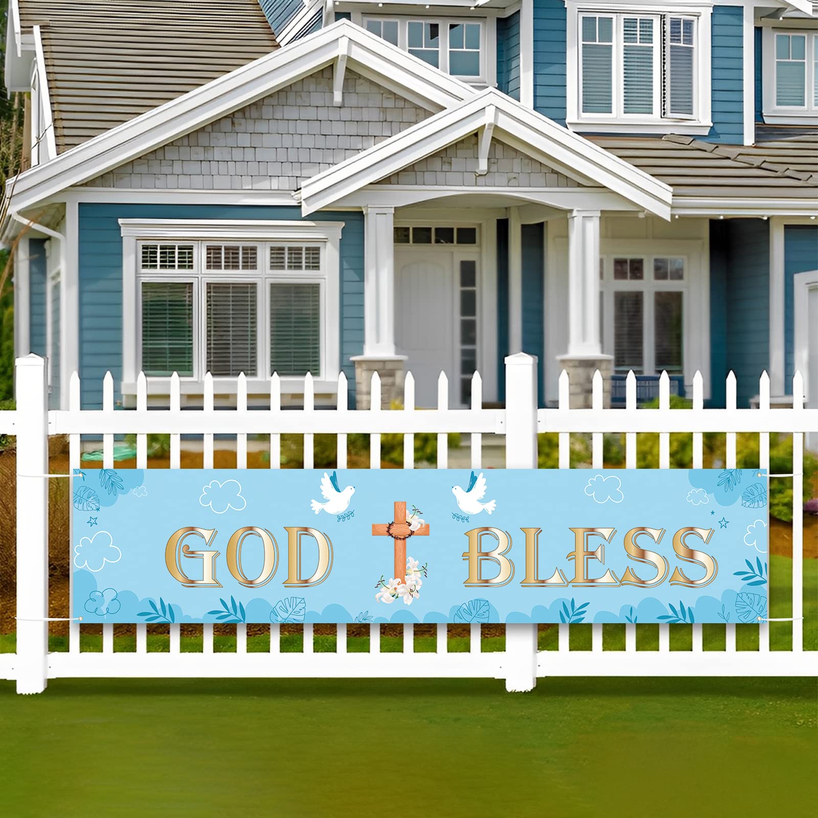 First Holy Communion Blue Banner for Baby Christening 1st Baptism Party