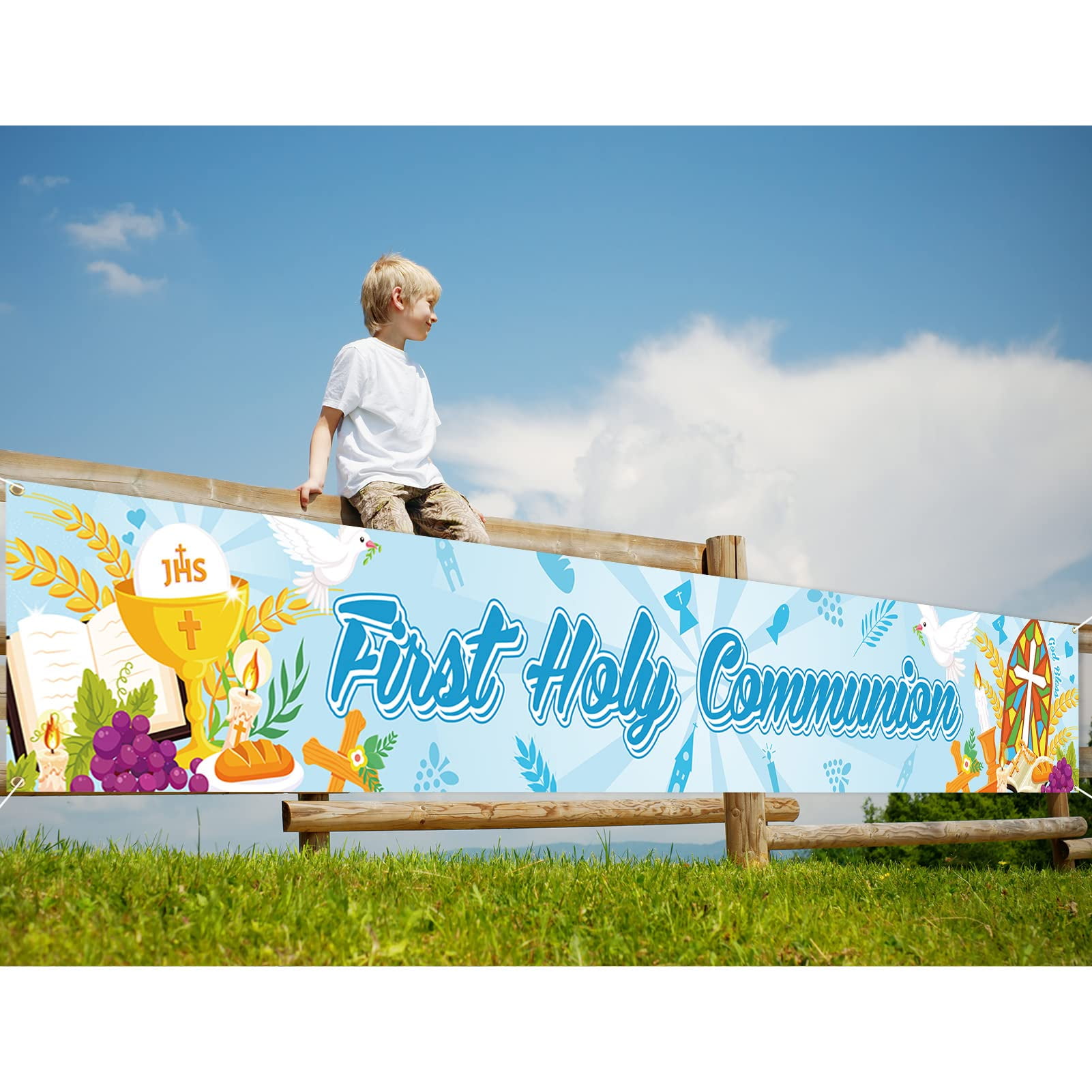 First Holy Communion Blue Banner for Baby Christening 1st Baptism Party