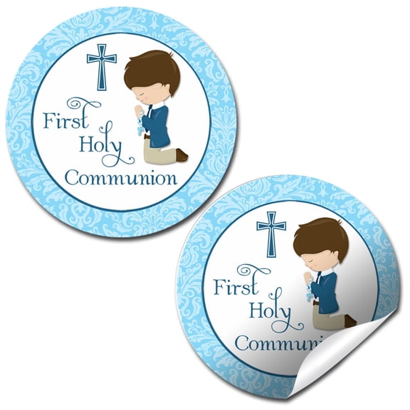 First Holy Communion Boy (Light Skin Brown Hair) Party Stickers 40 Pack 2" Round Circle Labels Party Favors, Goodie Bag, Envelope Seals, Cupcake Toppers & Thank You Stickers by Amanda Creation