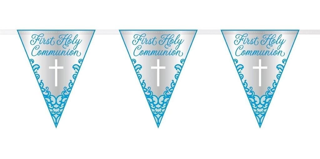 First Holy Communion Bunting Boys Party Decoration Blue & Silver Foil ...