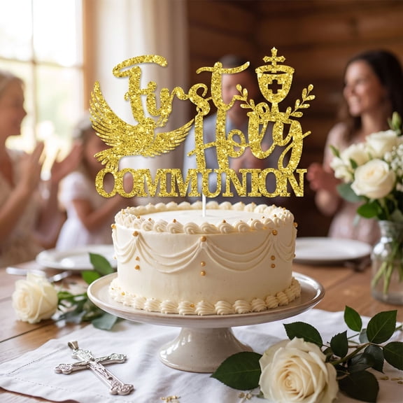 First Holy Communion Cake Topper Gold Glitter Cross Mi Primera Comunion Baptism Christening Confirmation Religious Party Decorations God Bless
