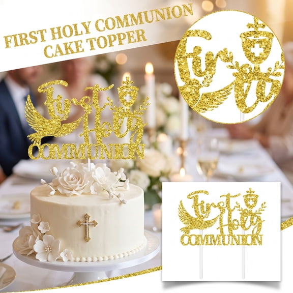 First Holy Communion Cake Topper, Gold Glitter First Communion Cake Decorations, First Holy Communion Party Decorations for Christian Religious Communion Celebration Events