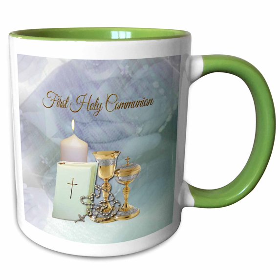 3drose, First Holy Communion, Chalice, Bible, Cross on Chain, Lite Candle, 11oz Two-tone Green Mug