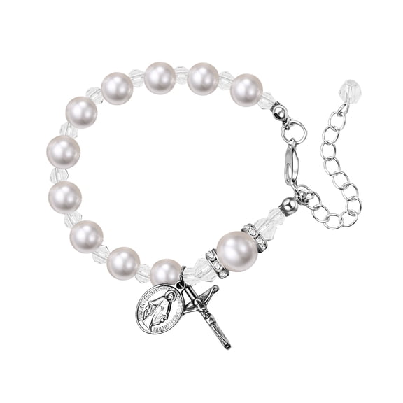 Catholic Virgin Mary Cross Charm Bracelet for Women White Pearls Beads Stainless Steel Religious Gift
