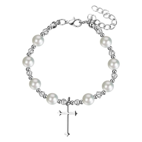 First Holy Communion Cross Charm Bracelet for Women,  Catholic White Pearl Beads Stainless Steel Chain Religious Gift