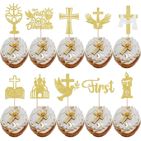 First Holy Communion Cupcake Toppers, Gold Glitter, Cross and Dove Designs, 10 Pack