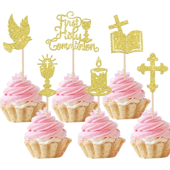 First Holy Communion Cupcake Toppers, Gold Glitter, Dove, Cross, Bible, Candle Designs, 12 Pack