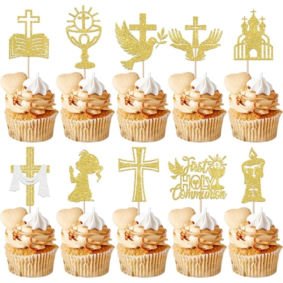 First Holy Communion Cupcake Toppers, Gold Glitter, Dove, Cross, Bible, Castle Picks, Baptism Party Decorations, 10 Pack