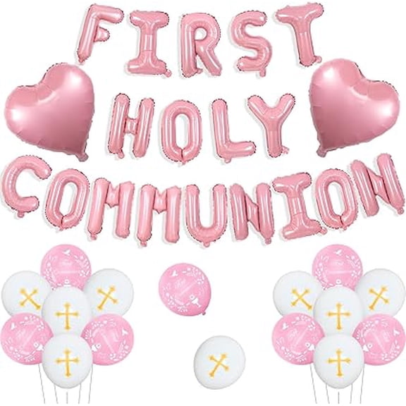 First Holy Communion Decorations for Girls Pink First Holy Communion Foil Balloons Heart Shaped Foil Balloons White Cross Printed Balloons for Christening Baptism Party Decorations