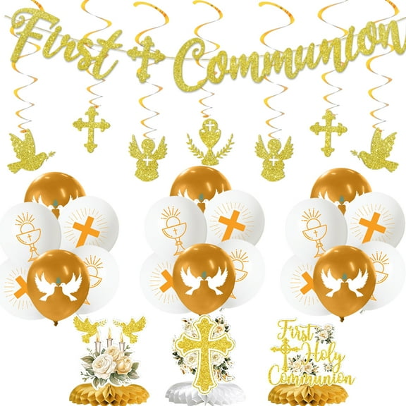 First Holy Communion Decorations Gold Glitter First Holy Communion Banner Hanging Swirls Honeycomb Centerpieces for God Bless Baptism, My First Communion Christening Bautizo Birthday Party Supplies