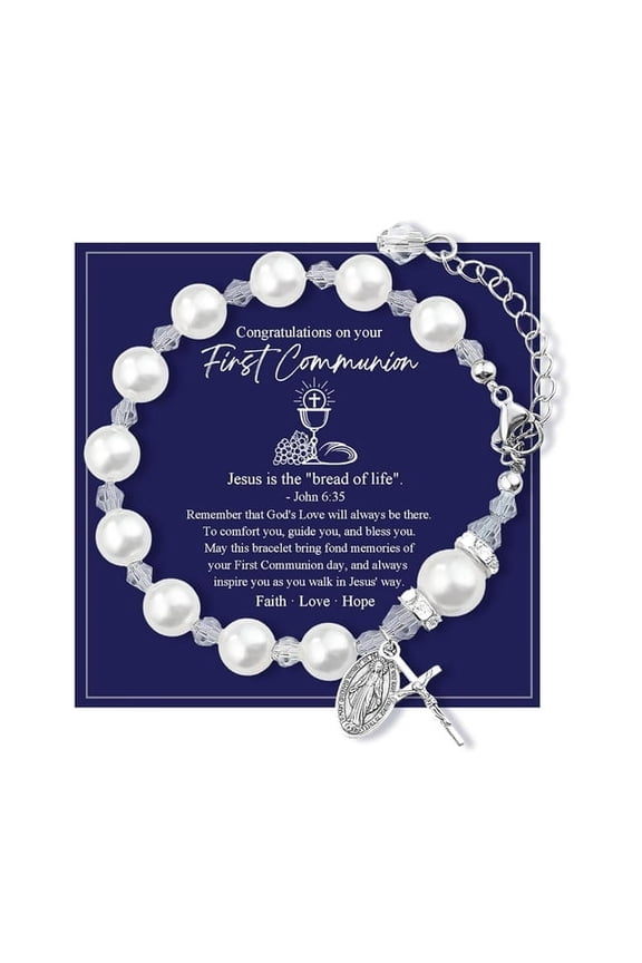 First Holy Communion Gifts for Girls(2PCS), Catholic Rosary Bracelet 1st Communion Favors Cute Cross Bracelet as Christian Daughter Granddaughter Niece Gifts Recuerdos De Primera Comunion