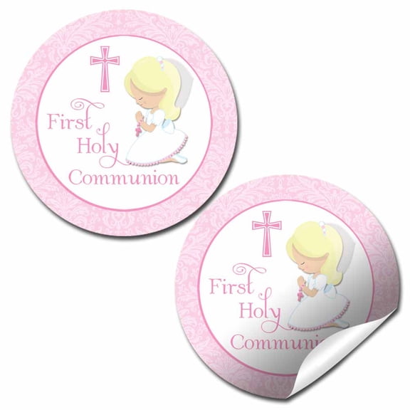 First Holy Communion Girl (Light Skin Blonde Hair) Party Stickers 40 Pack 2" Round Circle Labels Party Favors, Goodie Bag, Envelope Seals, Cupcake Toppers & Thank You Stickers by Amanda Creation