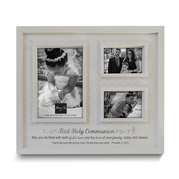 First Holy Communion Lace Whitewashed Collage Photo Frame Holds One 4x6 and Two 2.5x3