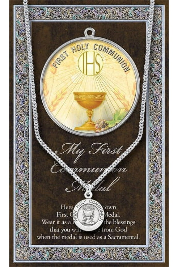 First Holy Communion Pewter Medal Pendant with Chain, Made in USA