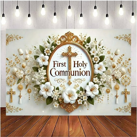 First Holy Communion Photography Background White Floral Newborn Baby Shower Decorations Cross Flowers Green Eucalyptus Leaves Backdrop God Bless Mi Primera Comunion Banner