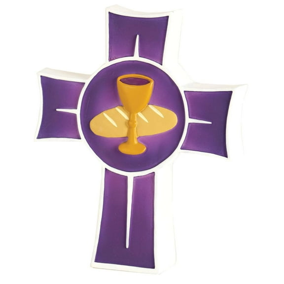 First Holy Communion Purple 5.5 x 4.5 Resin Stone Tabletop Cross Figurine