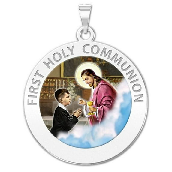 First Holy Communion Religious Medal (for a Boy) Color 3/4 Inch Solid 14K White Gold