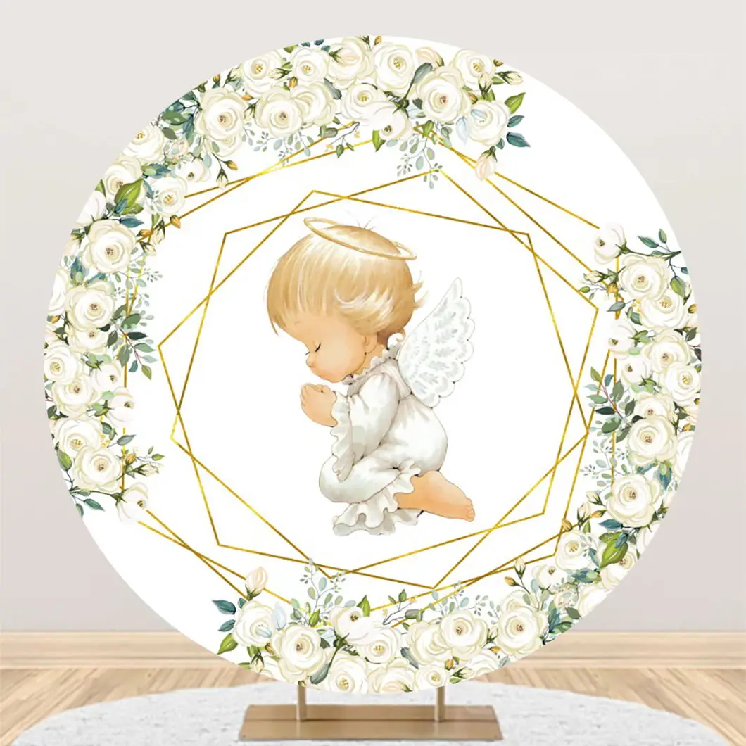 First Holy Communion Round Background My Baptism Boy Girl Cross God 