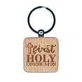 thumbnail image 1 of First Holy Communion with Cross Square Keychain Charm Tag - Engraved Wood, 1 of 6