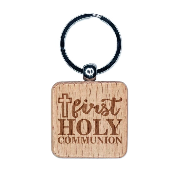 First Holy Communion with Cross Square Keychain Charm Tag - Engraved Wood