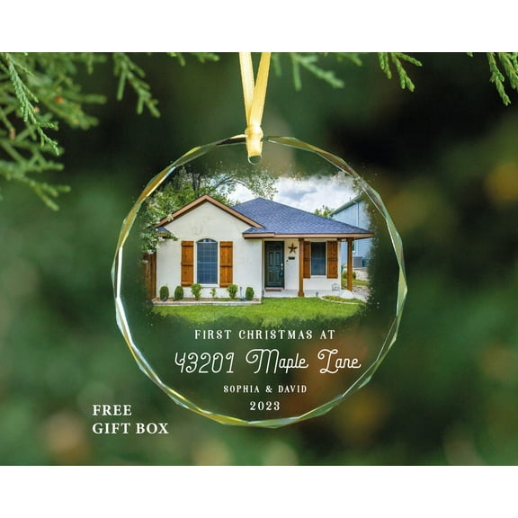 First Home Christmas Ornament - New Home Photo Portrait Ornament - First Christmas At Address Glass Ornament