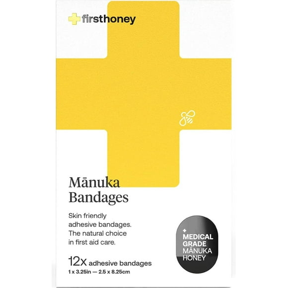 First Honey Manuka Honey Adhesive Bandages, Medical Grade, Latex Free, 1" x 3.25", (12 Pack)