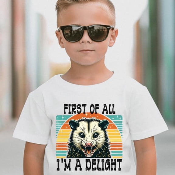 First Of All I Am A Delight Kids Unisex Kids Tee Shirt, Funny Angry Possum Toddler Shirt, Cute Retro Feral Sarcasm Baby Shirt TODDLER SHORT SLEEVE TEE BELLA CANVAS 3001T