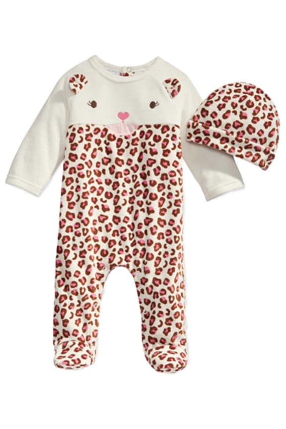 First Impression Infant Girl 2 PC Plush Leopard Jumpsuit Sleeper Hat Outfit 3-6m