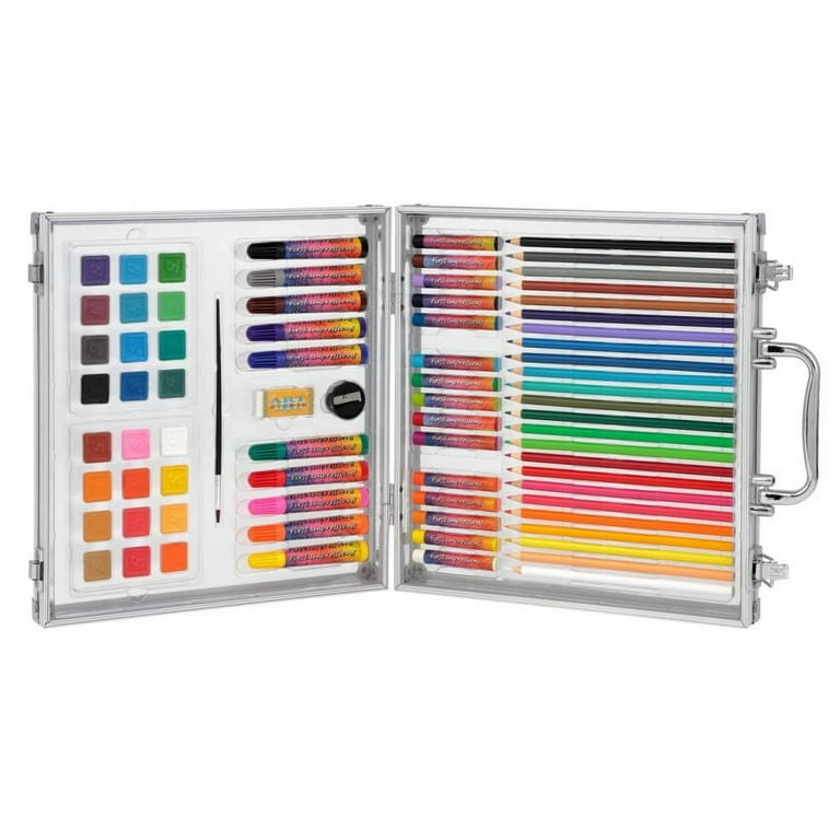 First Impressions 78 Piece Kids Art Studio Set - Travel and Storage Case  with Watercolors, Colored Pencils, Oil Pastels, Markers, Mixing Trays, and