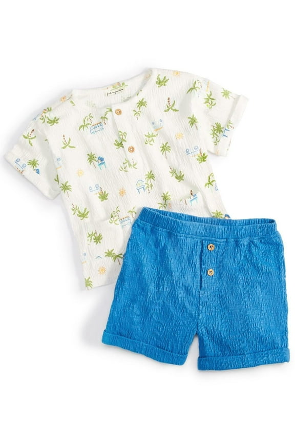 Baby Boys 2-Pc. Vacation-Print Henley & Solid Shorts Set, Created for Macy's - Angel White