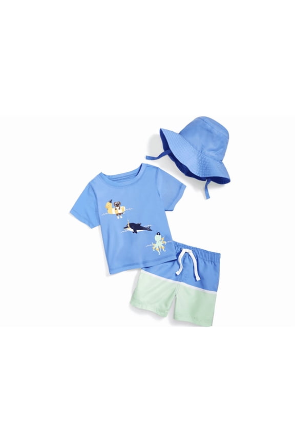 Baby Boys Floatie Friends Swim Shirt, Shorts and Hat, 3 Piece Set, Iris Mist