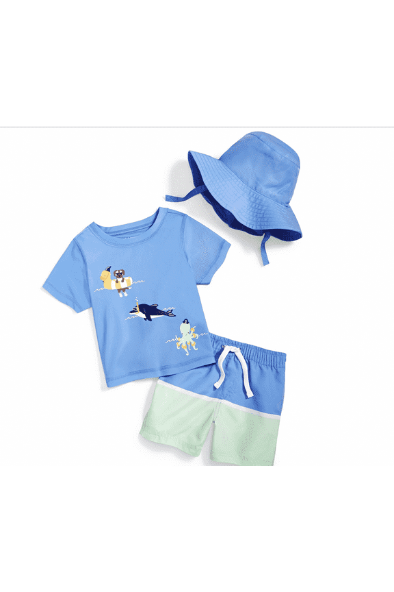 Baby Boys Floatie Friends Swim Shirt, Shorts and Hat, 3 Piece Set