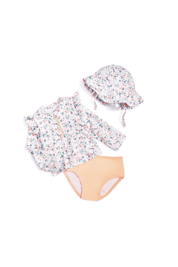 Baby Girls Dinosaur Floral Swim Shirt, Bottoms and Hat, 3 Piece Set